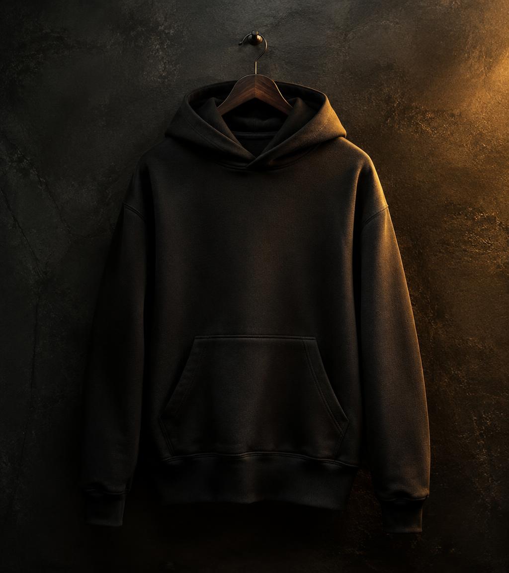 Concept render: a plain heavyweight black hoodie hanging against a concrete wall