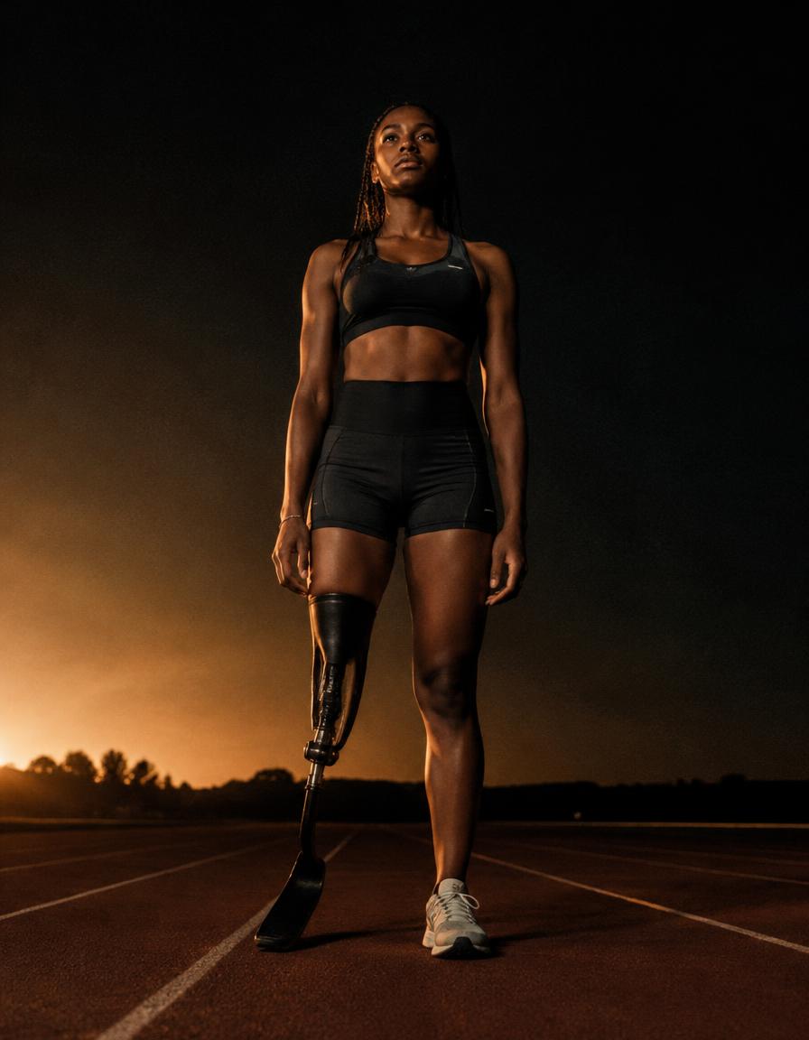 A young woman athlete with a running prosthetic standing on a track at dusk