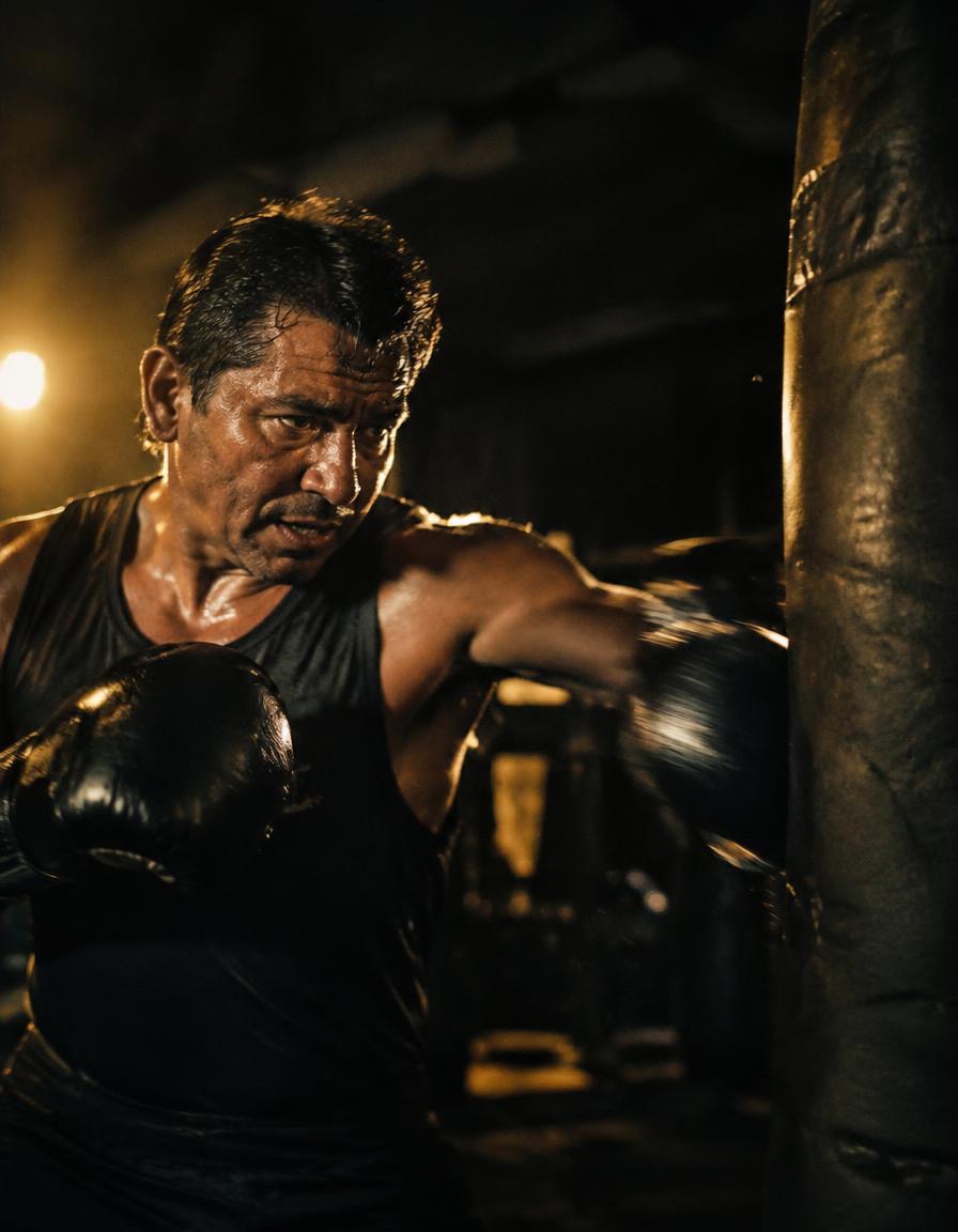 A man in his late forties striking a heavy bag in a dim boxing gym