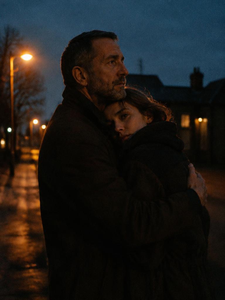 Illustrative image: a father and grown daughter embracing on a quiet street at dusk