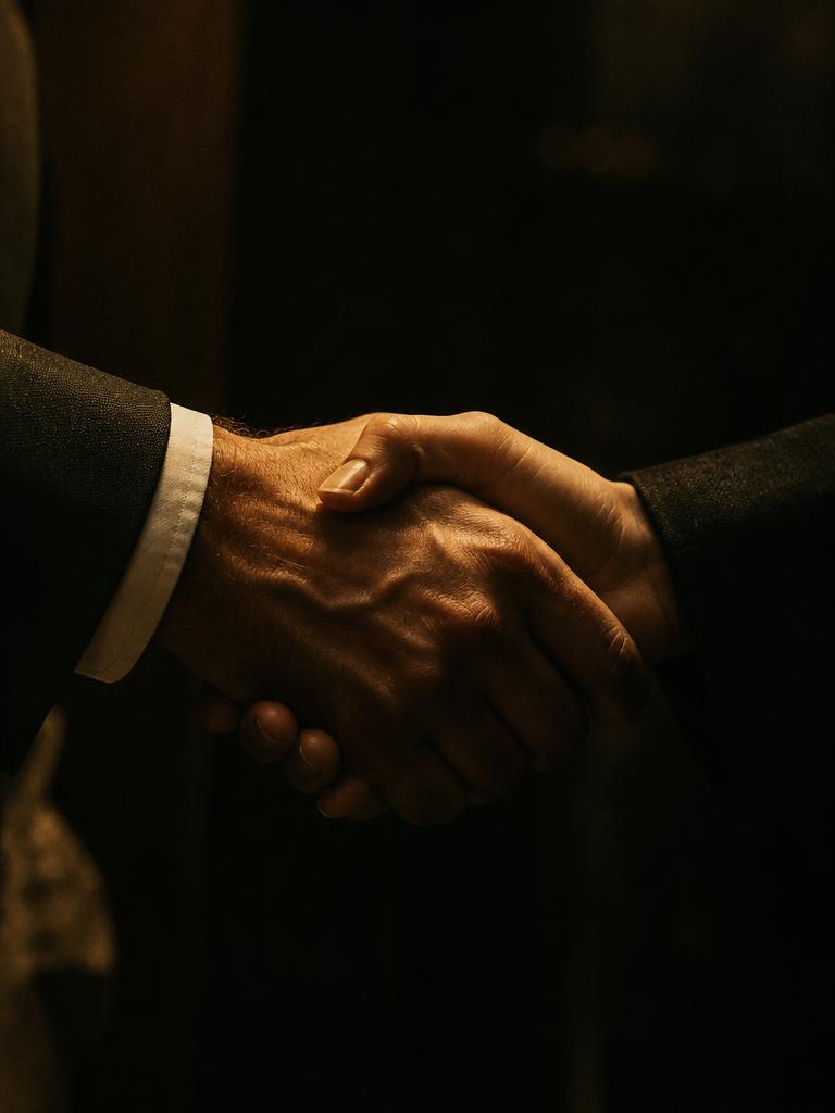 Illustrative image: two people shaking hands in low warm light