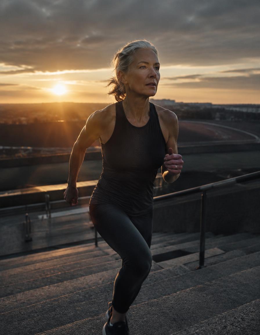 A grey-haired woman in her sixties running up stadium stairs at sunrise