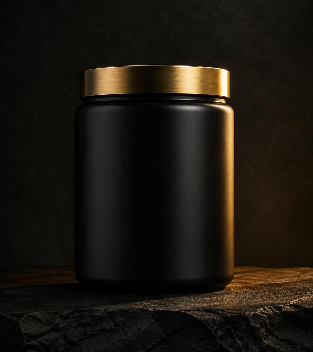 Concept render: a matte black container with a brushed gold lid on dark stone